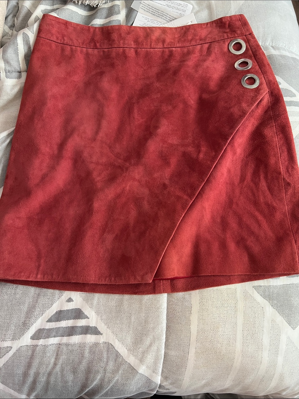 Red Faux Suede Wrap Mini Skirt with Grommet Detail